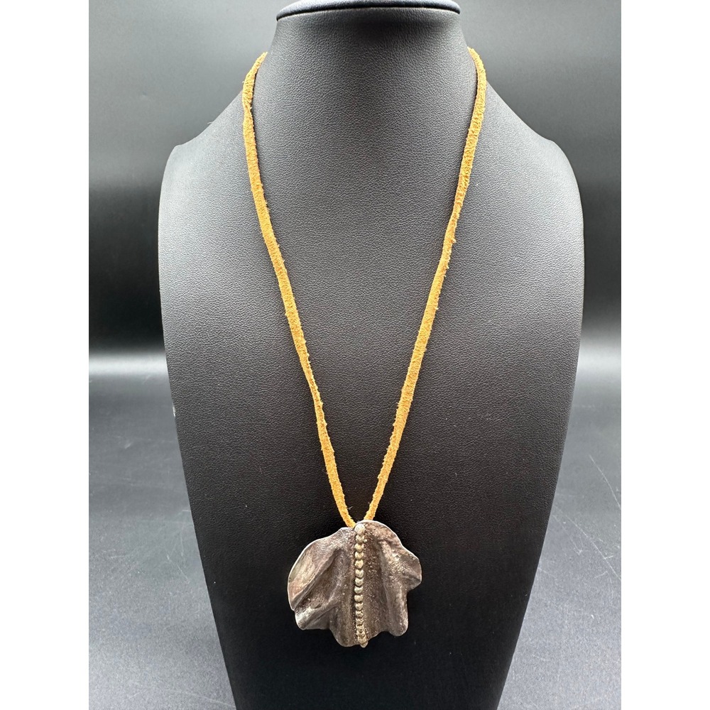 Artisan Sculptural Metal Leaf Pendant‎ Necklace Suede Cord Yellow Silver Tone